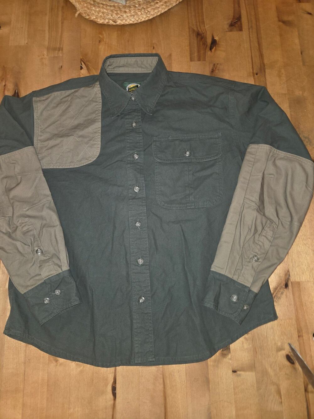 Cabela's Shooting Shirt Medium M Dark Green Canvas Recoil Patch Hunting Vtg